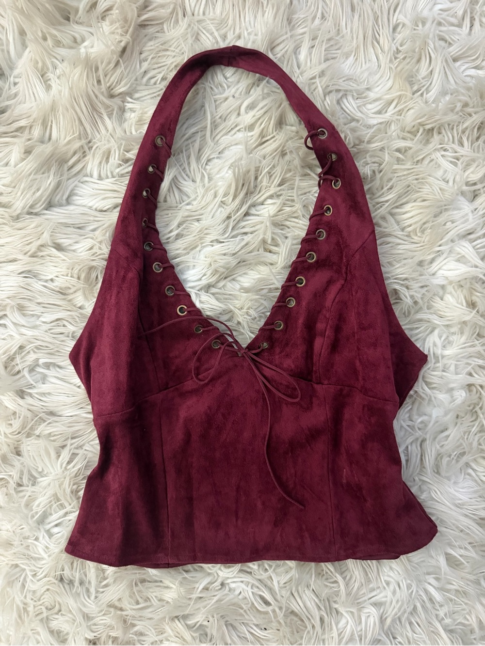Y2K Suede Halter Lace-Up Crop Top - Burgundy